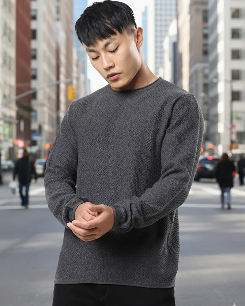 بيواكوف كنزة رجالية محبوكة مسطحة بلون أنثرا ميلانج